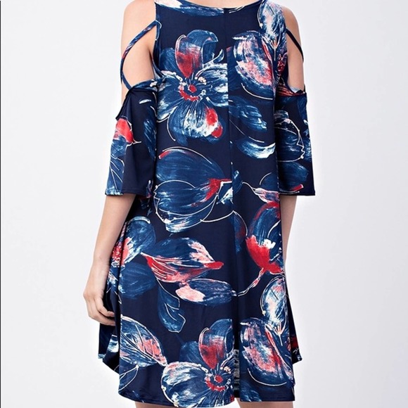 Eclipse Women's Blue Multi Floral Floral Strappy Cold Shoulder Swing Dress sz S - Picture 3 of 4